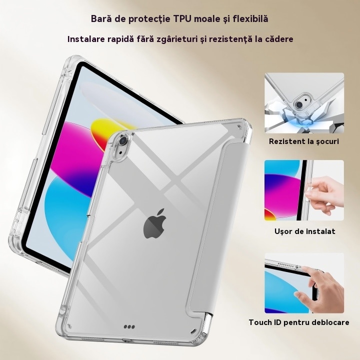 Husa de protectie pentru tableta iPad Pro (2024, 11"), pliere 3+Y, suport portret si peisaj, rama transparenta, cu suport pentru creion, Ugo®, argintie