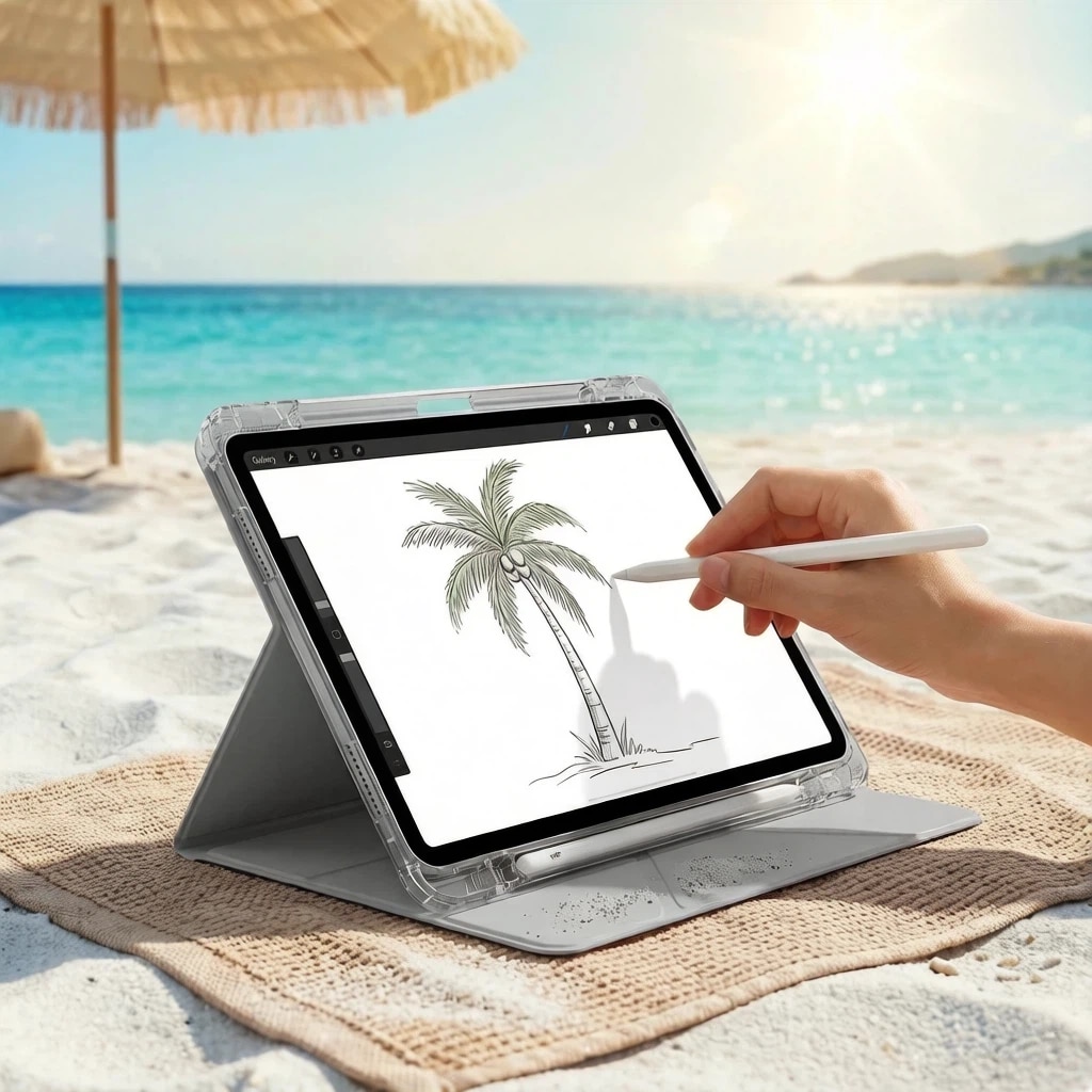 Husa de protectie pentru tableta iPad Pro (2024, 11"), pliere 3+Y, suport portret si peisaj, rama transparenta, cu suport pentru creion, Ugo®, argintie