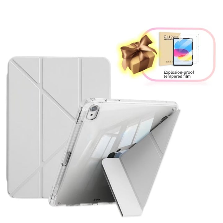 Husa de protectie pentru tableta iPad Pro (2024, 11"), pliere 3+Y, suport portret si peisaj, rama transparenta, cu suport pentru creion, Ugo®, argintie
