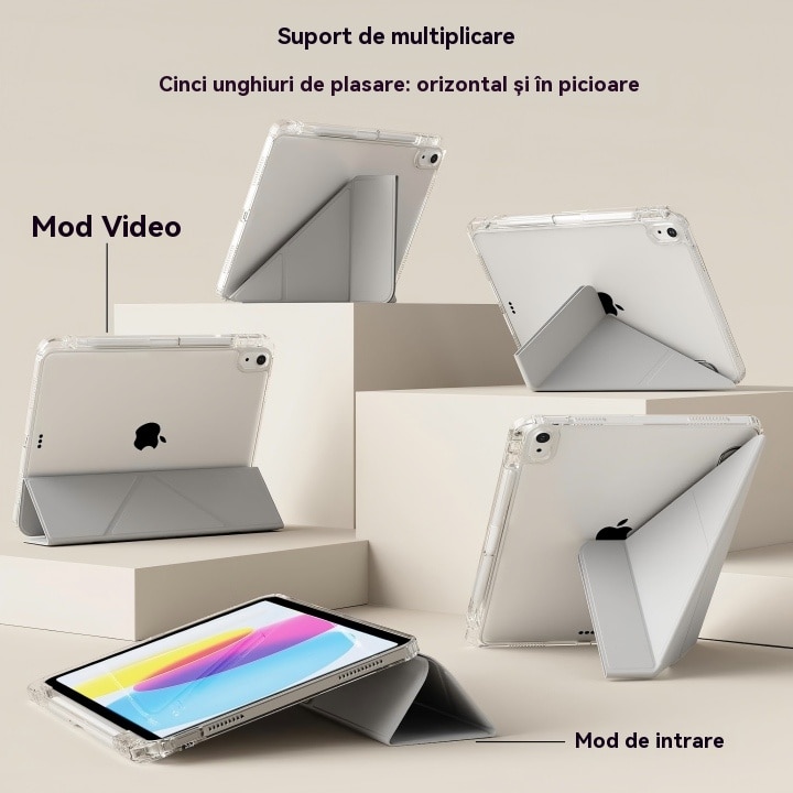 Husa de protectie pentru tableta iPad Pro (2024, 11"), pliere 3+Y, suport portret si peisaj, rama transparenta, cu suport pentru creion, Ugo®, argintie