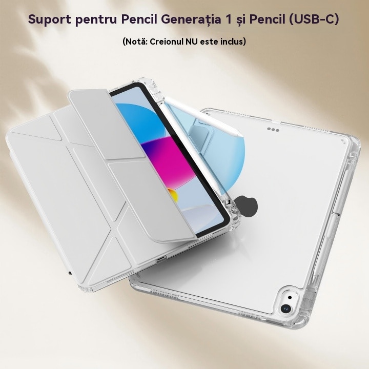 Husa de protectie pentru tableta iPad Pro (2024, 11"), pliere 3+Y, suport portret si peisaj, rama transparenta, cu suport pentru creion, Ugo®, argintie