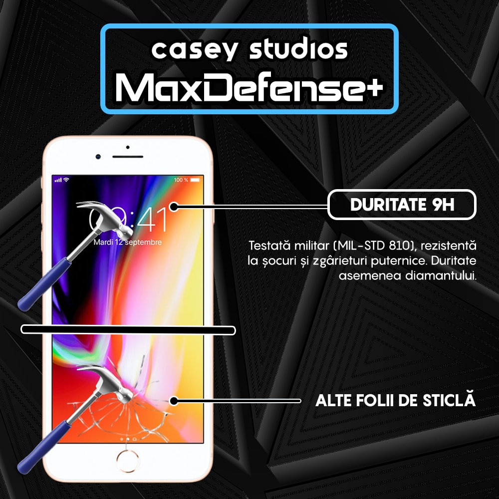 Folie Sticla CASEY STUDIOS™ compatibila cu iPhone 7 / 8, MaxDefense+ Classic, Full Cover 3D, Full Glue, Sticla Securizata, Duritate Militara, Ultra HD, Protectie Profesionala Ecran 3D, Anti Zgarieturi, Anti Socuri, Negru