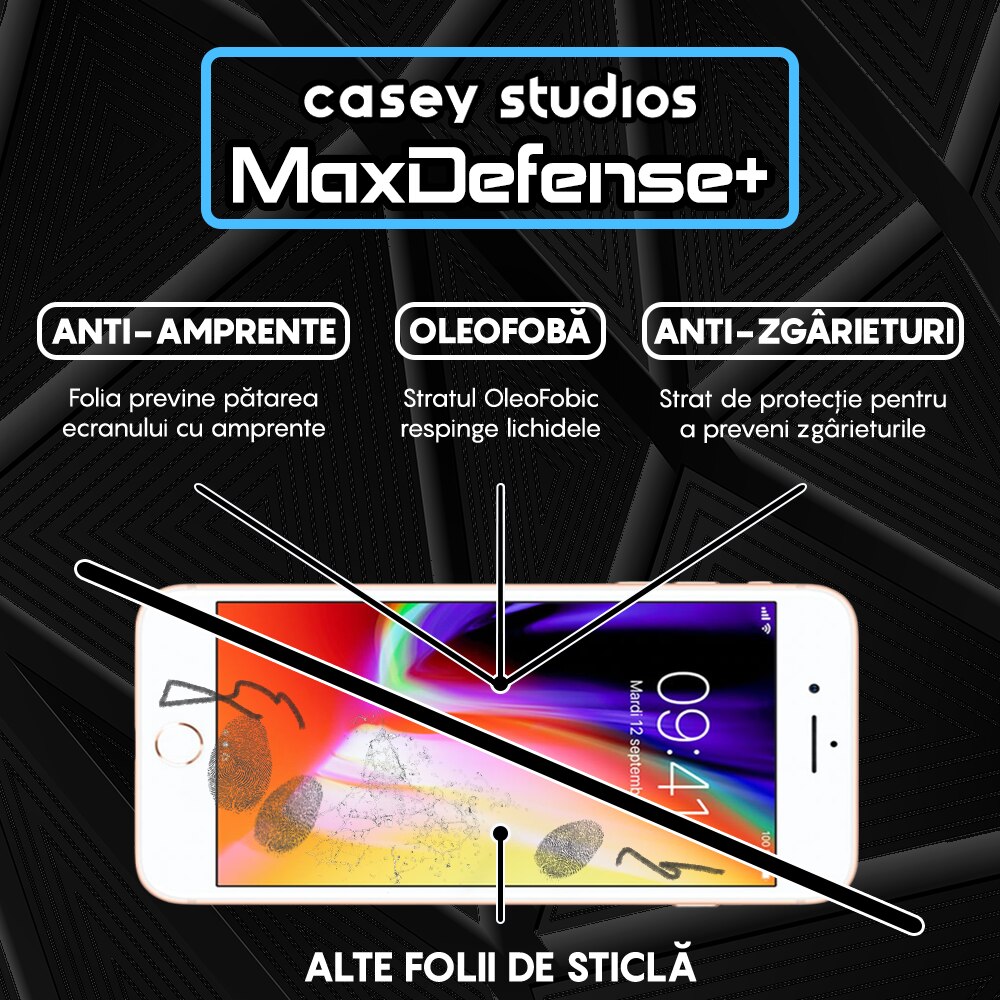 Folie Sticla CASEY STUDIOS™ compatibila cu iPhone 7 / 8, MaxDefense+ Classic, Full Cover 3D, Full Glue, Sticla Securizata, Duritate Militara, Ultra HD, Protectie Profesionala Ecran 3D, Anti Zgarieturi, Anti Socuri, Negru