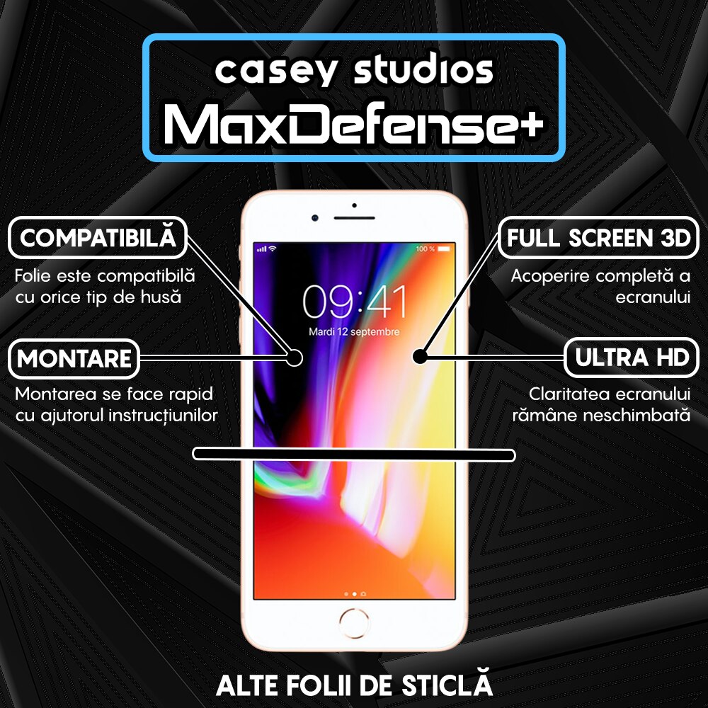 Folie Sticla CASEY STUDIOS™ compatibila cu iPhone 7 / 8, MaxDefense+ Classic, Full Cover 3D, Full Glue, Sticla Securizata, Duritate Militara, Ultra HD, Protectie Profesionala Ecran 3D, Anti Zgarieturi, Anti Socuri, Negru