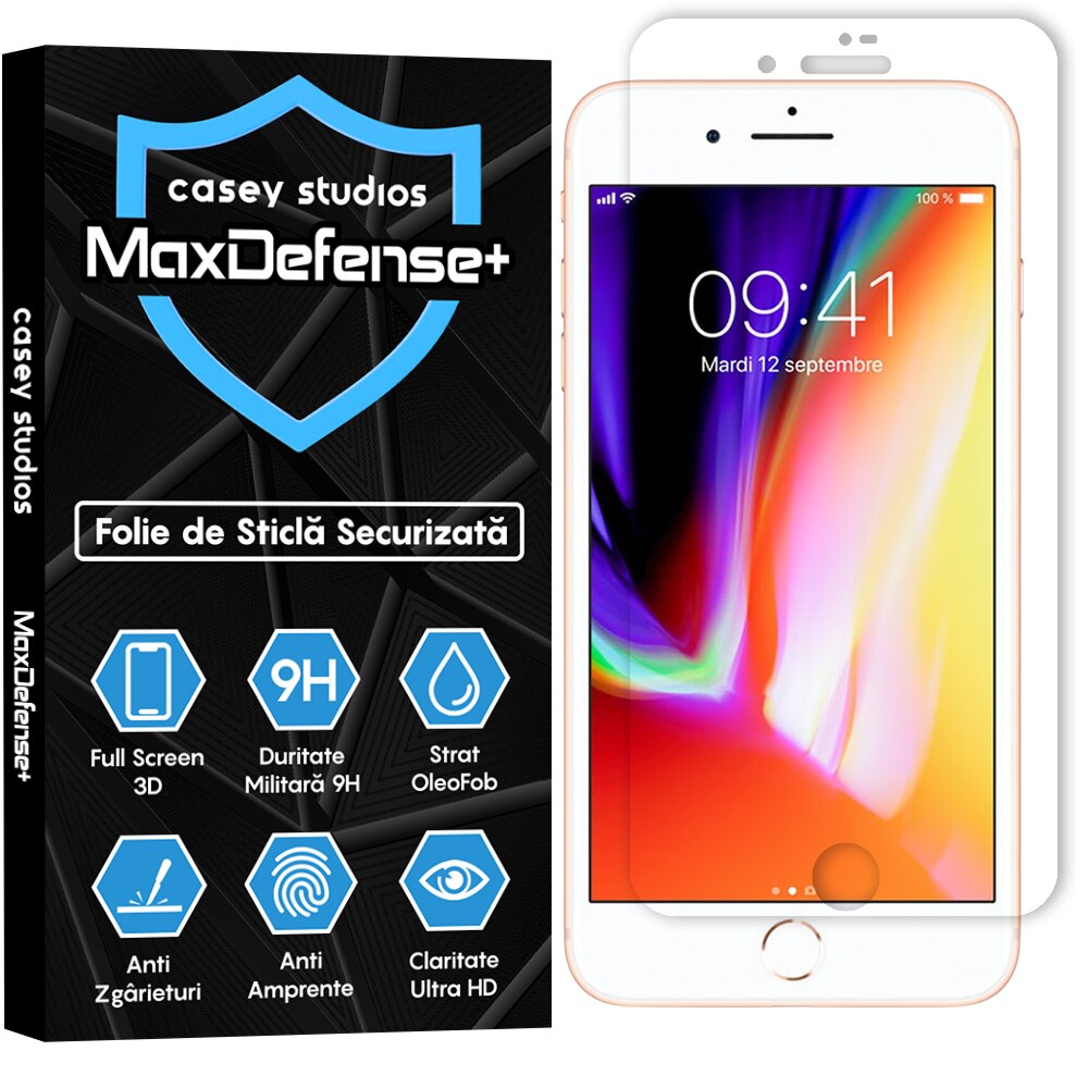 Folie Sticla CASEY STUDIOS™ compatibila cu iPhone 7 / 8, MaxDefense+ Classic, Full Cover 3D, Full Glue, Sticla Securizata, Duritate Militara, Ultra HD, Protectie Profesionala Ecran 3D, Anti Zgarieturi, Anti Socuri, Negru