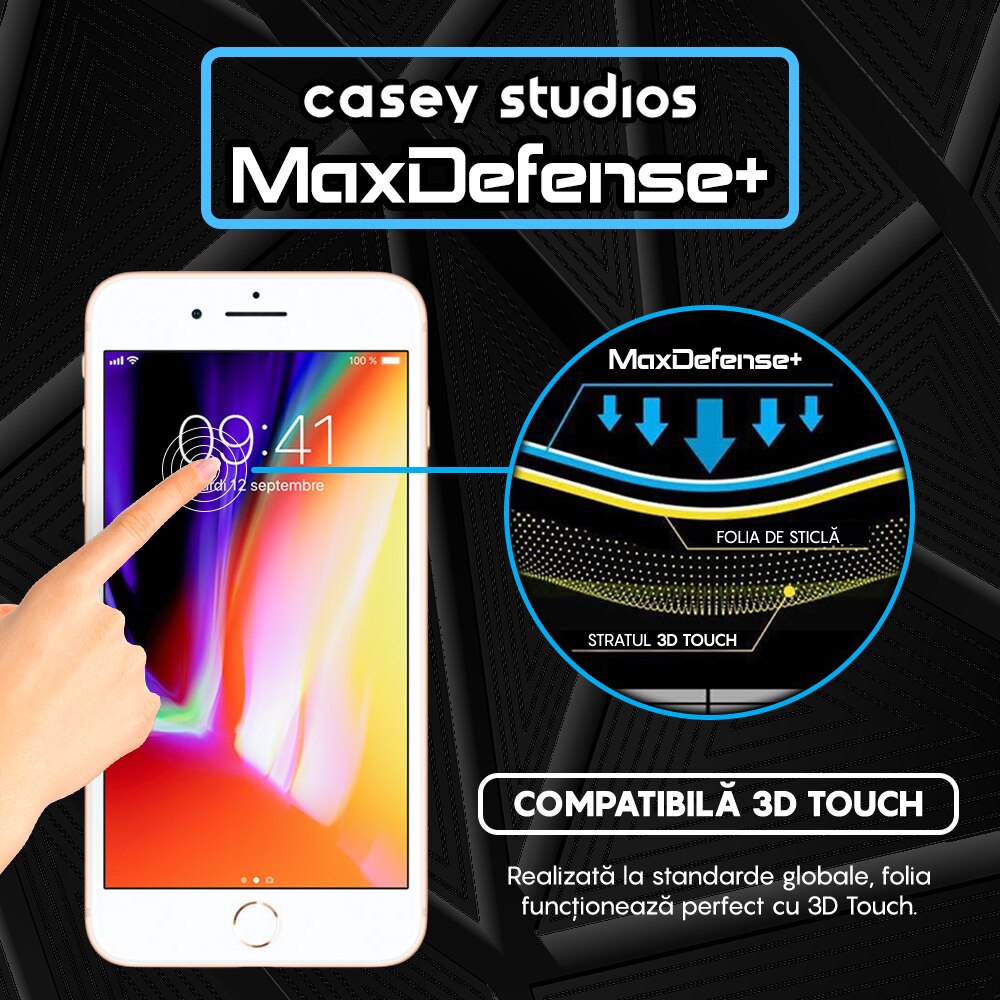 Folie Sticla CASEY STUDIOS™ compatibila cu iPhone 7 / 8, MaxDefense+ Classic, Full Cover 3D, Full Glue, Sticla Securizata, Duritate Militara, Ultra HD, Protectie Profesionala Ecran 3D, Anti Zgarieturi, Anti Socuri, Negru