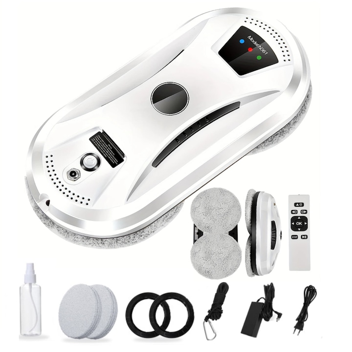 Robot de curatare a geamurilor, WALALLA, curatare automata, protectii multiple, sistem UPS incorporat in caz de pana de curent, cu telecomanda, 10 carpe de rezerva, aspiratie 5600Pa, 500mAh, alb/negru