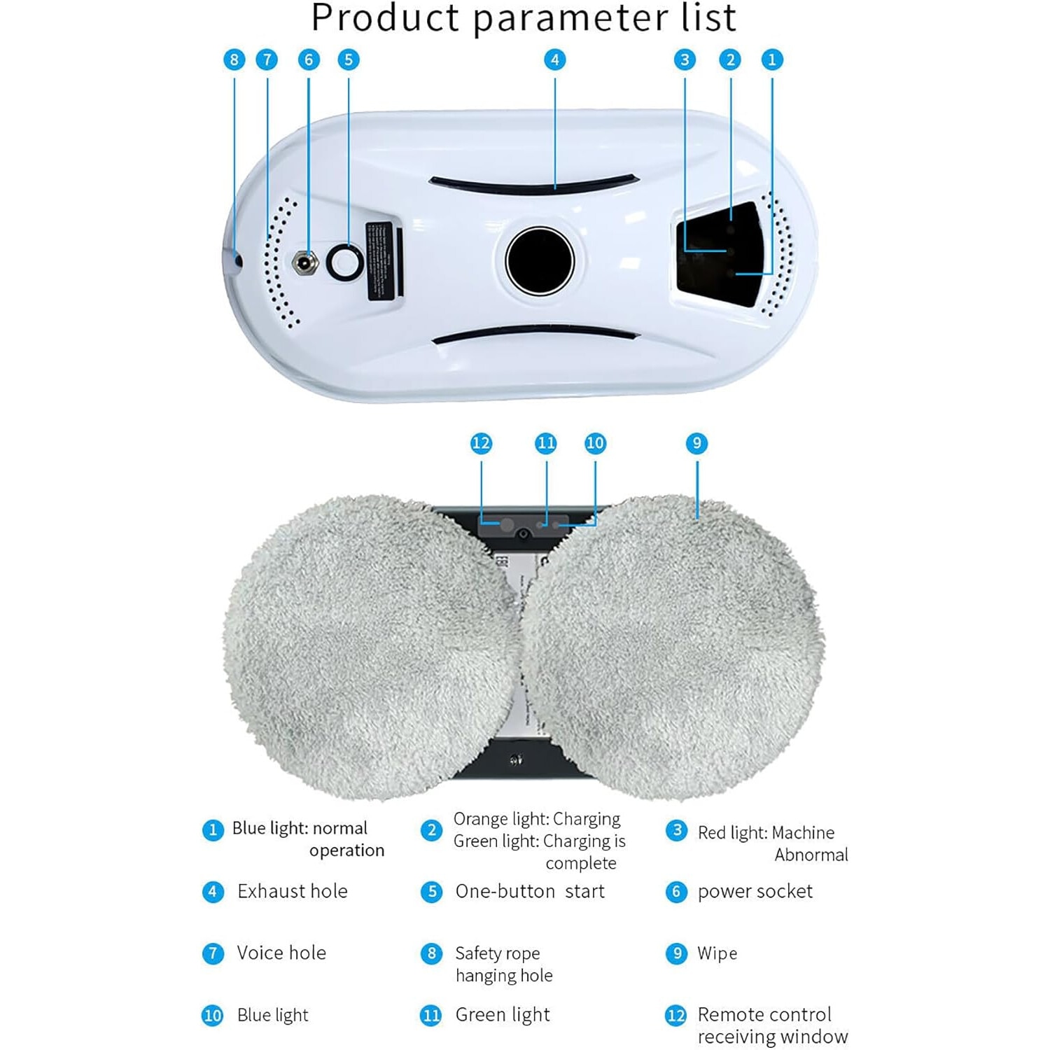 Robot de curatare a geamurilor, WALALLA, curatare automata, protectii multiple, sistem UPS incorporat in caz de pana de curent, cu telecomanda, 10 carpe de rezerva, aspiratie 5600Pa, 500mAh, alb/negru