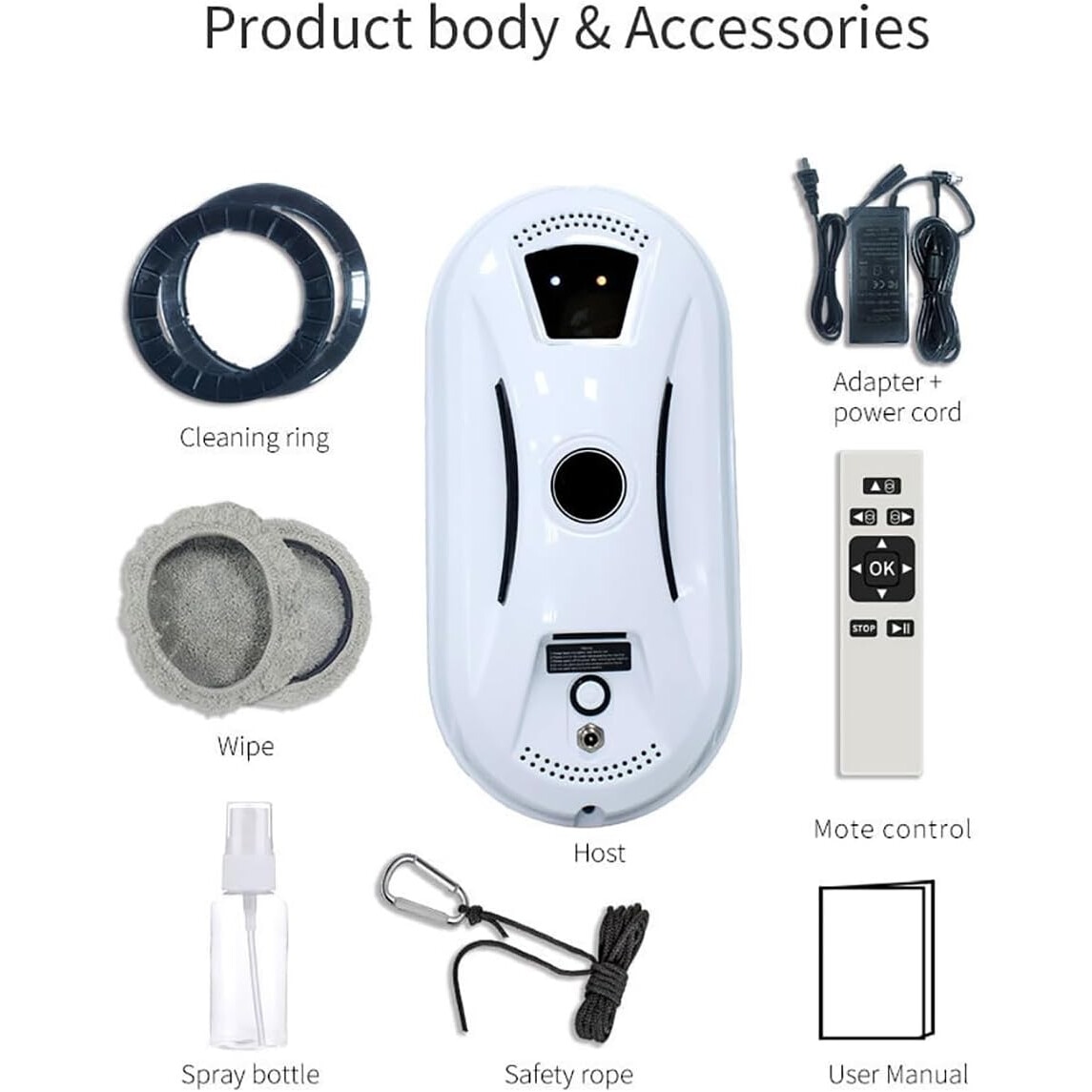 Robot de curatare a geamurilor, WALALLA, curatare automata, protectii multiple, sistem UPS incorporat in caz de pana de curent, cu telecomanda, 10 carpe de rezerva, aspiratie 5600Pa, 500mAh, alb/negru