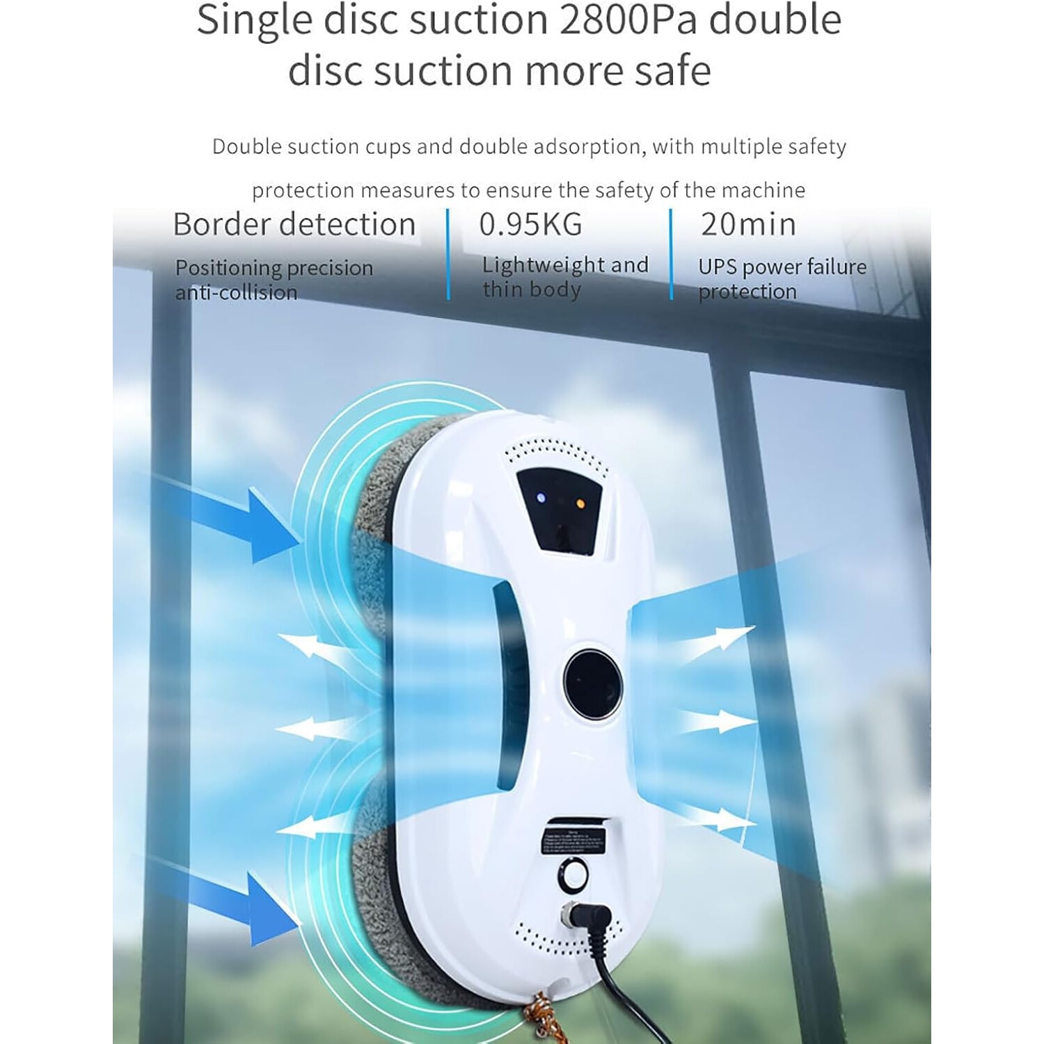 Robot de curatare a geamurilor, WALALLA, curatare automata, protectii multiple, sistem UPS incorporat in caz de pana de curent, cu telecomanda, 10 carpe de rezerva, aspiratie 5600Pa, 500mAh, alb/negru