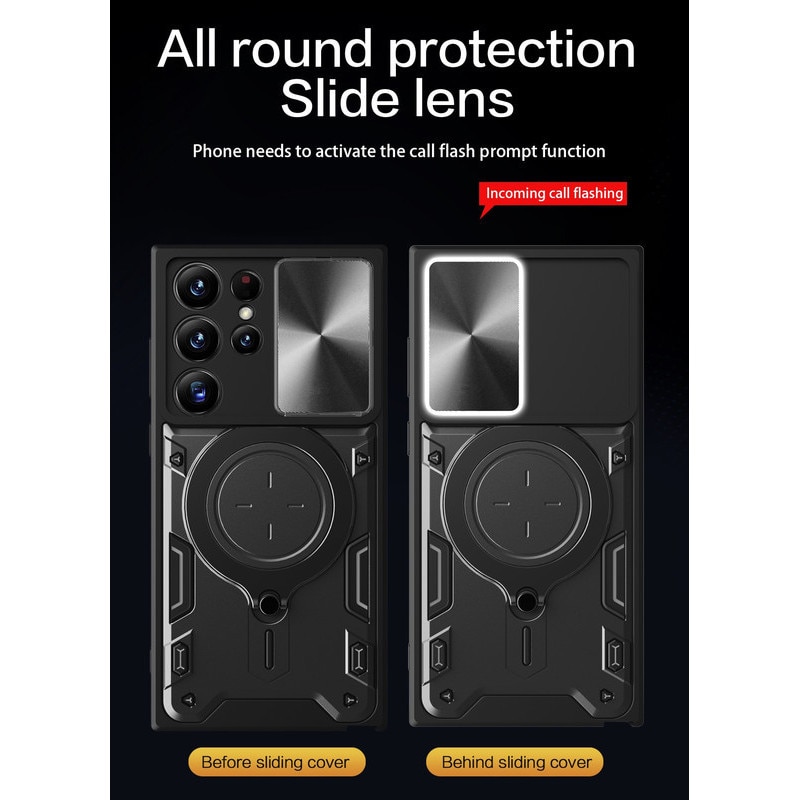 Husa telefon, pentru Samsung Galaxy S22 Ultra, Capacul obiectivului camerei glisante, Inel rotativ 360 ° Kickstand, Auriu rose