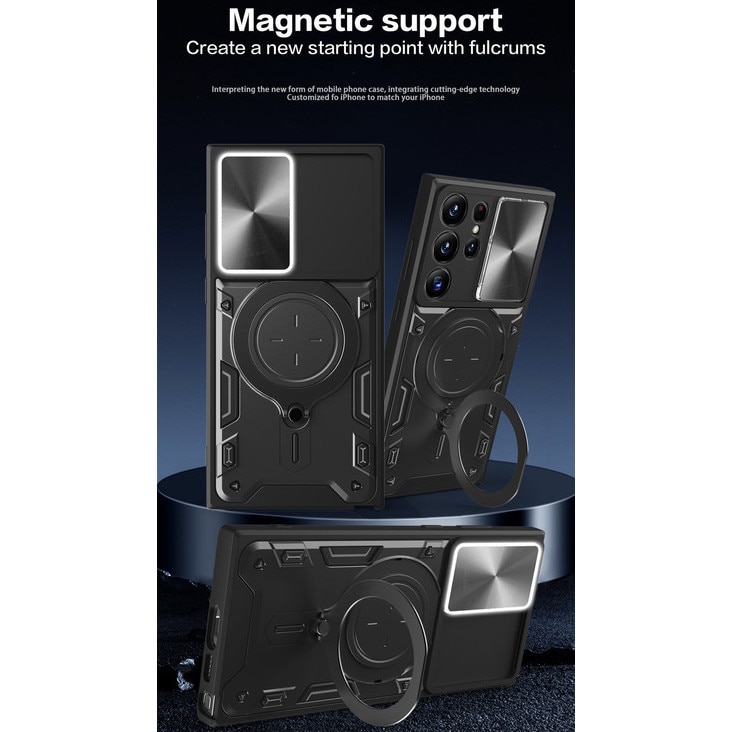Husa telefon, pentru Samsung Galaxy S22 Ultra, Capacul obiectivului camerei glisante, Inel rotativ 360 ° Kickstand, Auriu rose