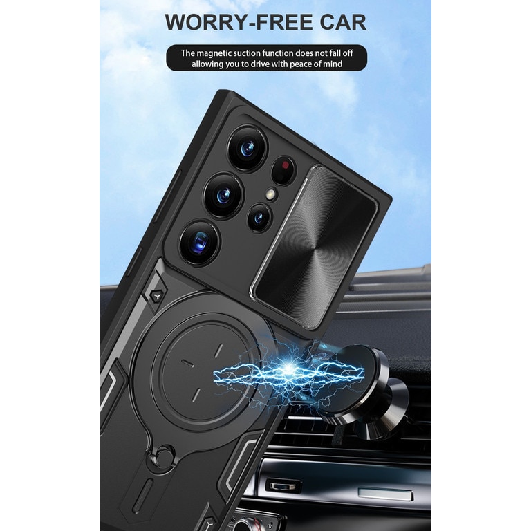 Husa telefon, pentru Samsung Galaxy S22 Ultra, Capacul obiectivului camerei glisante, Inel rotativ 360 ° Kickstand, Auriu rose