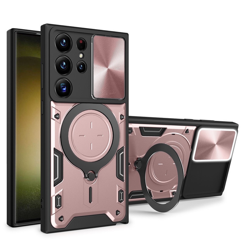 Husa telefon, pentru Samsung Galaxy S22 Ultra, Capacul obiectivului camerei glisante, Inel rotativ 360 ° Kickstand, Auriu rose