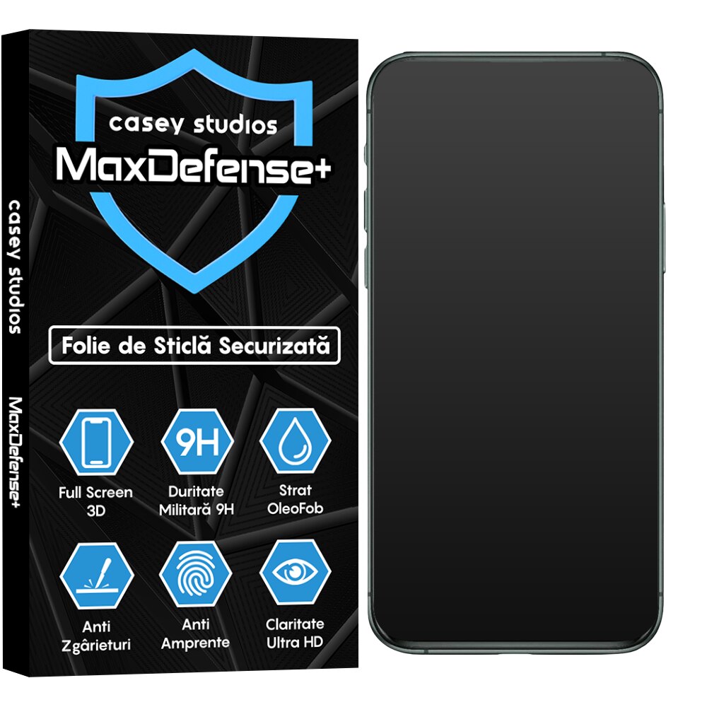 Folie Sticla Mata CASEY STUDIOS™ compatibila cu iPhone 11 Pro Max, MaxDefense+ Matte, Full Cover 3D, Full Glue, Sticla Securizata, Duritate Militara, Ultra HD, Protectie Profesionala Ecran 3D, Anti Zgarieturi, Anti Socuri, Negru