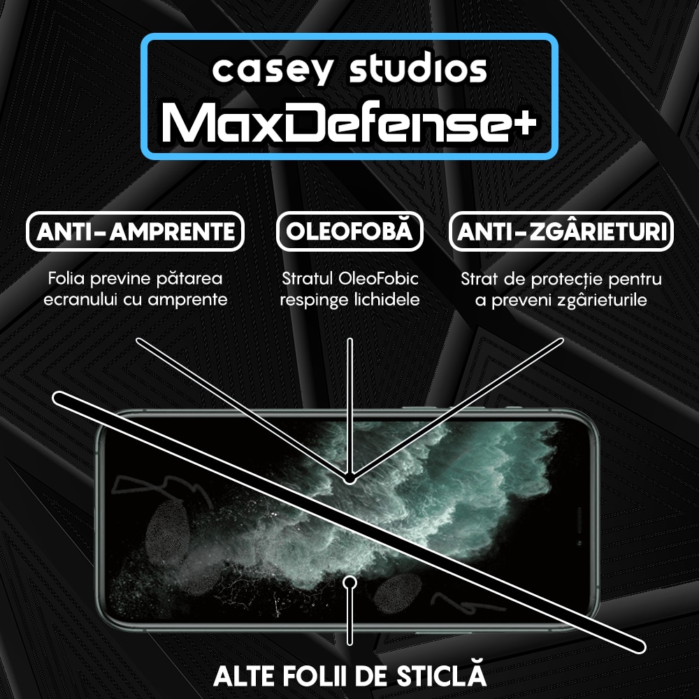 Folie Sticla Mata CASEY STUDIOS™ compatibila cu iPhone 11 Pro Max, MaxDefense+ Matte, Full Cover 3D, Full Glue, Sticla Securizata, Duritate Militara, Ultra HD, Protectie Profesionala Ecran 3D, Anti Zgarieturi, Anti Socuri, Negru