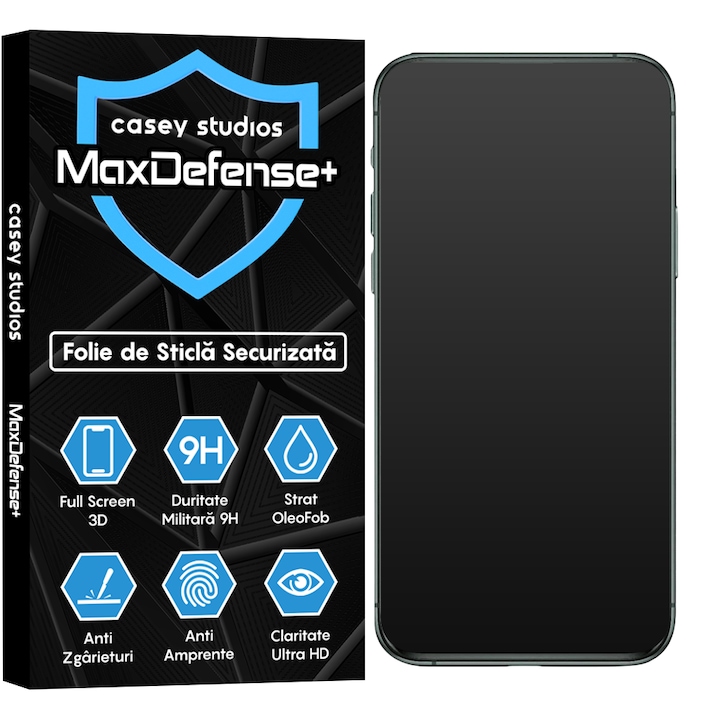 Folie Sticla Mata CASEY STUDIOS™ compatibila cu iPhone 11 Pro Max, MaxDefense+ Matte, Full Cover 3D, Full Glue, Sticla Securizata, Duritate Militara, Ultra HD, Protectie Profesionala Ecran 3D, Anti Zgarieturi, Anti Socuri, Negru