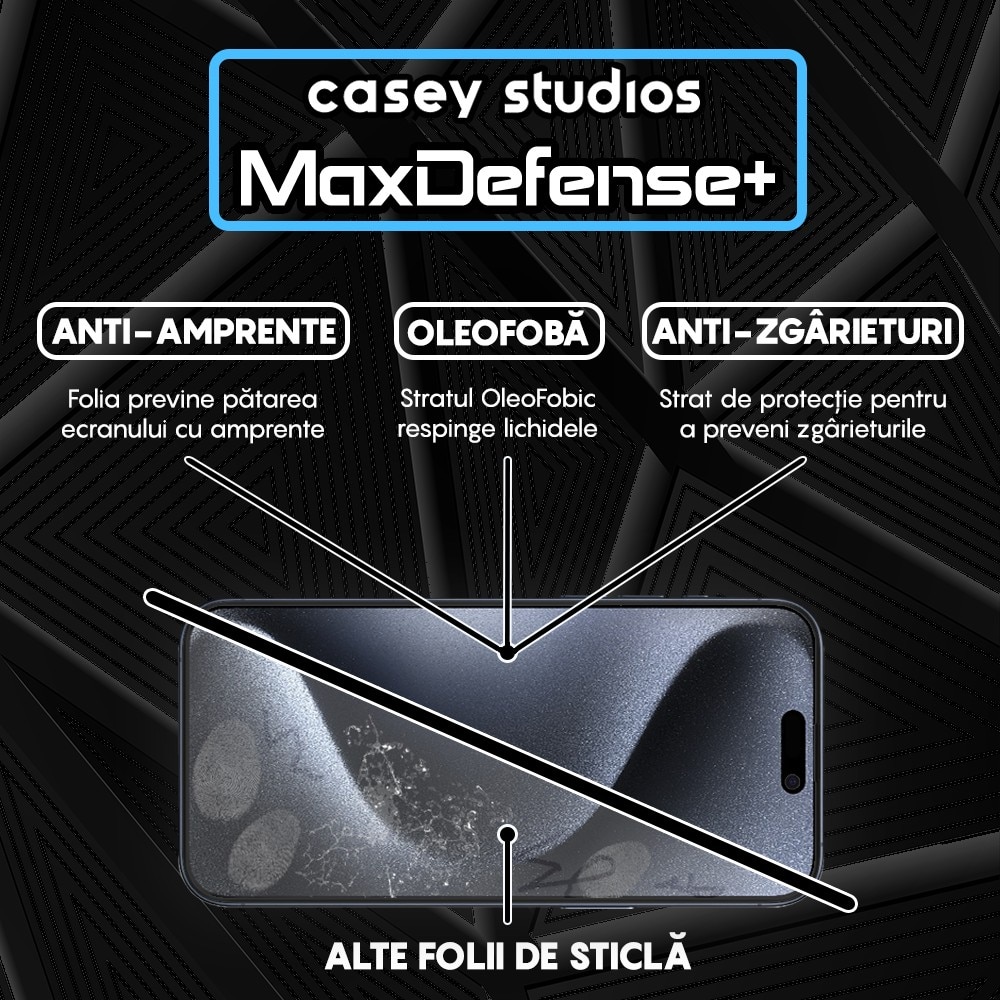 Folie Sticla CASEY STUDIOS™ pentru Apple iPhone 15 Pro, MaxDefense+ Classic, Full Glue, Sticla Securizata, Duritate Militara, Ultra HD, Protectie Profesionala Ecran 2D, Anti Zgarieturi, Anti Socuri, Negru