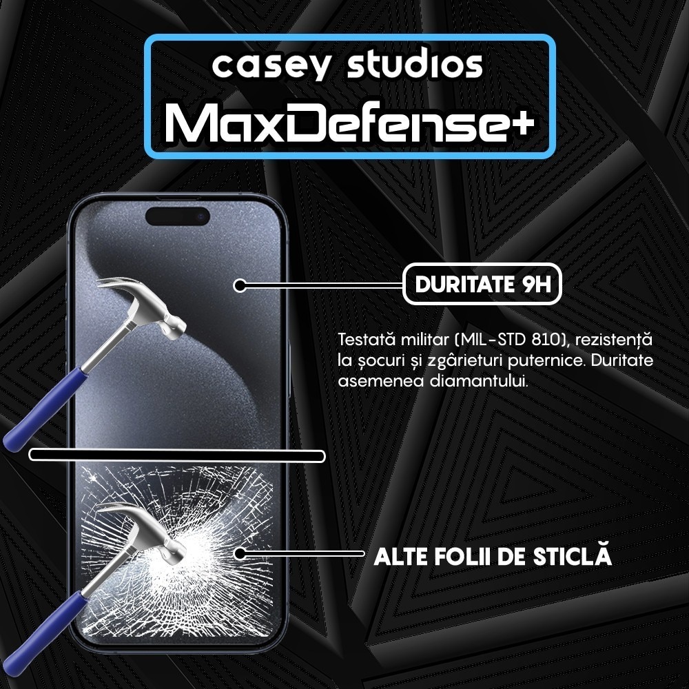 Folie Sticla CASEY STUDIOS™ pentru Apple iPhone 15 Pro, MaxDefense+ Classic, Full Glue, Sticla Securizata, Duritate Militara, Ultra HD, Protectie Profesionala Ecran 2D, Anti Zgarieturi, Anti Socuri, Negru