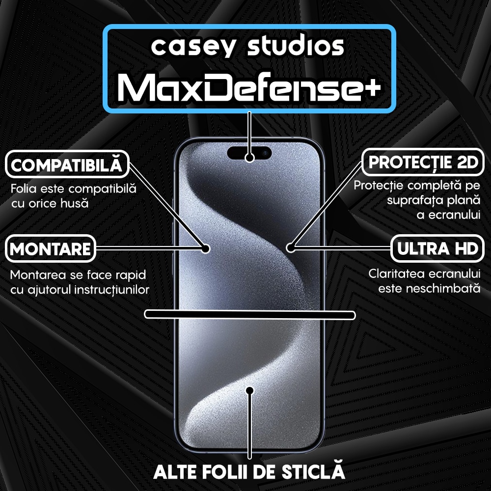 Folie Sticla CASEY STUDIOS™ pentru Apple iPhone 15 Pro, MaxDefense+ Classic, Full Glue, Sticla Securizata, Duritate Militara, Ultra HD, Protectie Profesionala Ecran 2D, Anti Zgarieturi, Anti Socuri, Negru