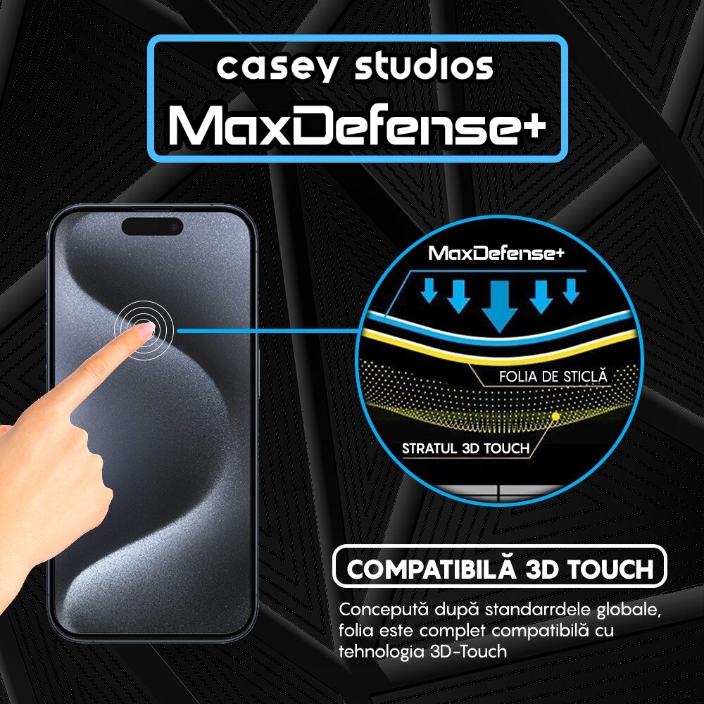 Folie Sticla CASEY STUDIOS™ pentru Apple iPhone 15 Pro, MaxDefense+ Classic, Full Glue, Sticla Securizata, Duritate Militara, Ultra HD, Protectie Profesionala Ecran 2D, Anti Zgarieturi, Anti Socuri, Negru