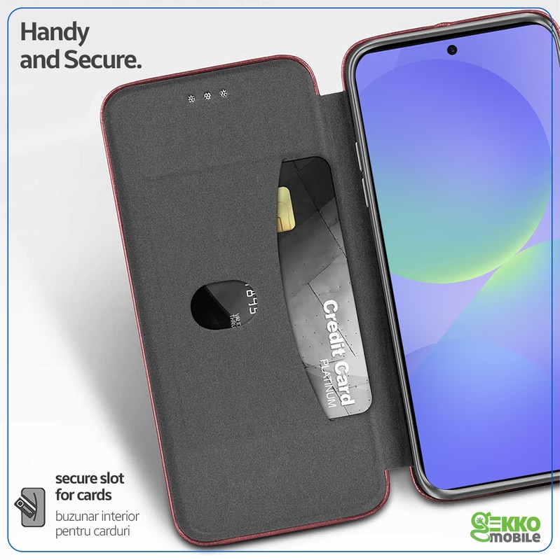 Husa pentru Samsung Galaxy A56 (A566), tip carte, inchidere Magnetica, buzunar Card, Functie Stand, Piele-Eco cu interior Microfibra, Flip Open, Bordo