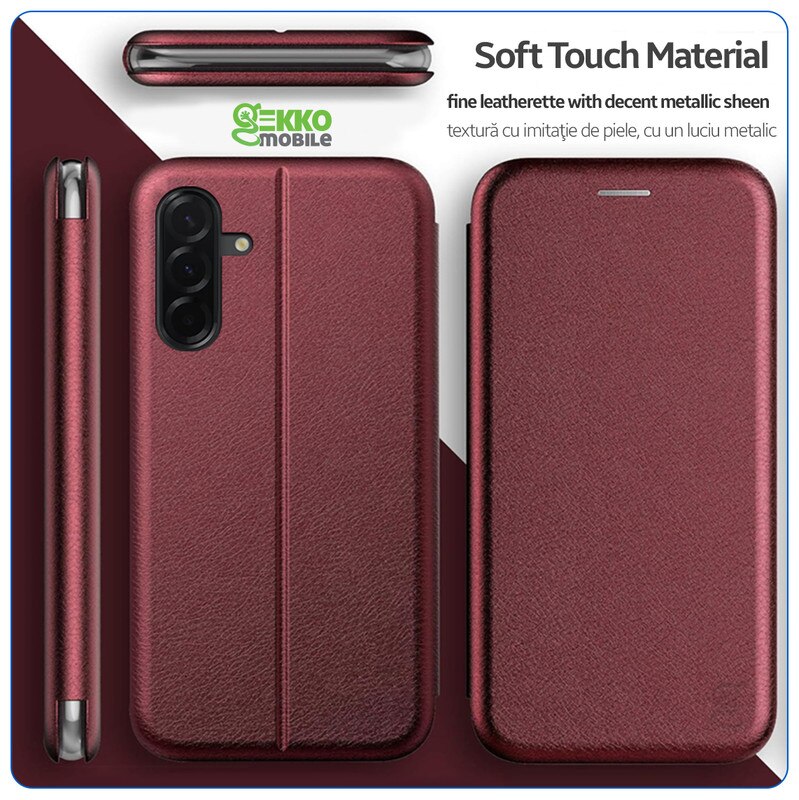 Husa pentru Samsung Galaxy A56 (A566), tip carte, inchidere Magnetica, buzunar Card, Functie Stand, Piele-Eco cu interior Microfibra, Flip Open, Bordo
