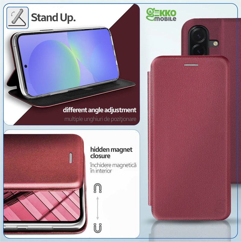 Husa pentru Samsung Galaxy A56 (A566), tip carte, inchidere Magnetica, buzunar Card, Functie Stand, Piele-Eco cu interior Microfibra, Flip Open, Bordo