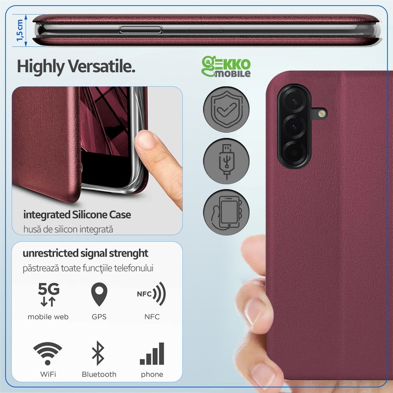 Husa pentru Samsung Galaxy A56 (A566), tip carte, inchidere Magnetica, buzunar Card, Functie Stand, Piele-Eco cu interior Microfibra, Flip Open, Bordo