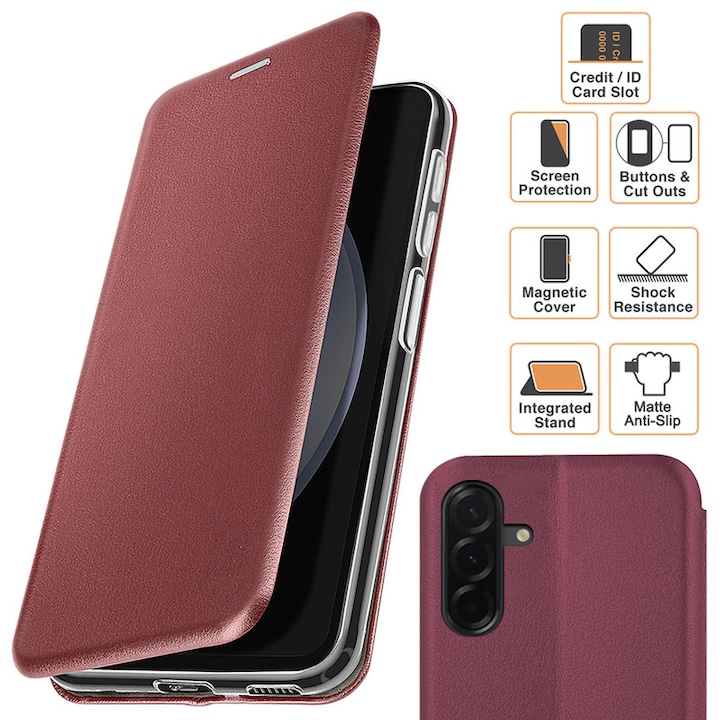 Husa pentru Samsung Galaxy A56 (A566), tip carte, inchidere Magnetica, buzunar Card, Functie Stand, Piele-Eco cu interior Microfibra, Flip Open, Bordo