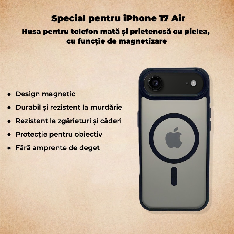 Carcasa magnetica pentru iPhone 17 Air – negru, textura mata placuta la atingere, rezistenta la amprente, TPU+PC antichoc, compatibila cu MagSafe, mai multe culori disponibile