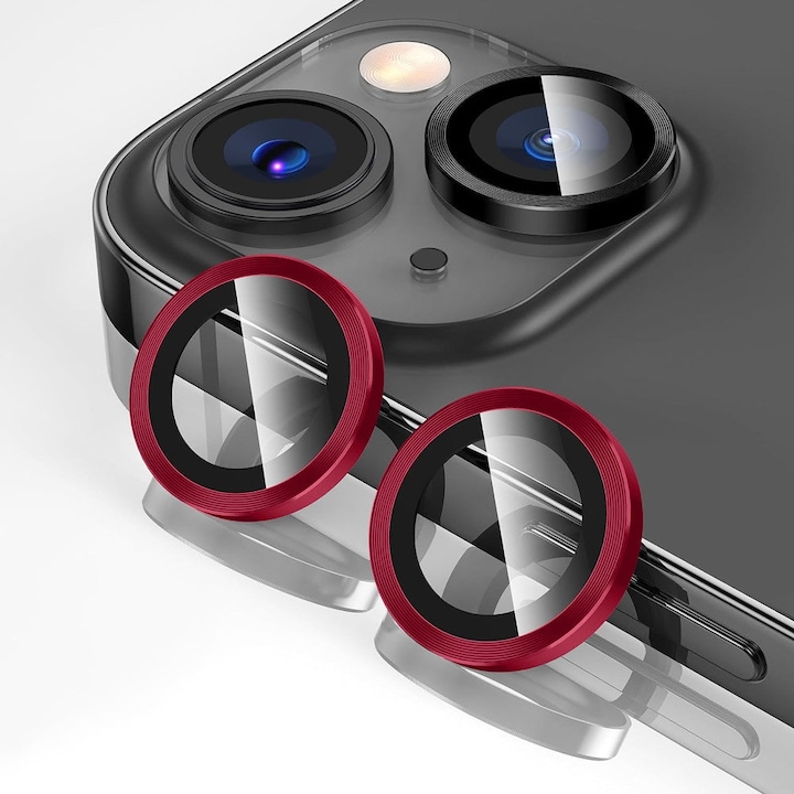Folie Protectie Lentile Camera compatibila cu iPhone 13 / iPhone 13 Mini, CASEY STUDIOS™ MaxDefense+, Ultra HD, Protectie Profesionala Camere 3D, Anti Amprente, Anti Zgarieturi, Anti Socuri, Rosu