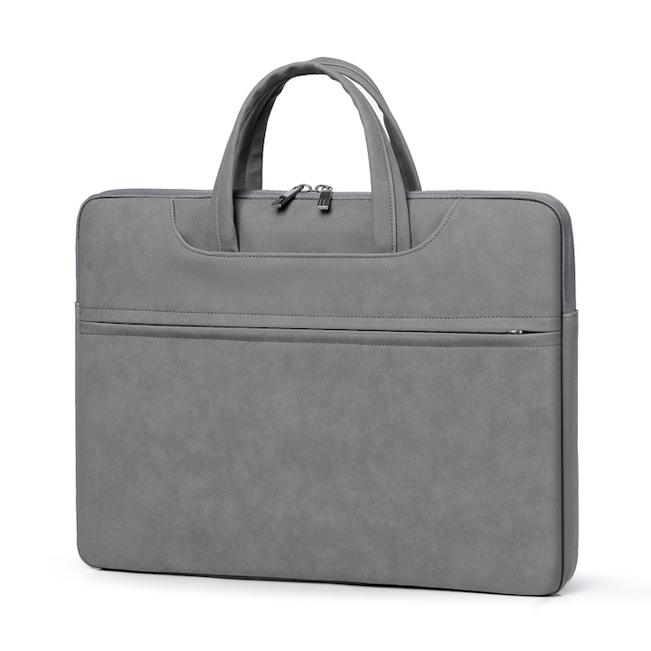 Geanta pentru laptop, Aiorber, piele PU, 14 inch, interior captusit cu fleece, impermeabila si rezistenta la abraziune, amortizoare de socuri si rezistenta la caderi, cu maner de transport, gri inchis