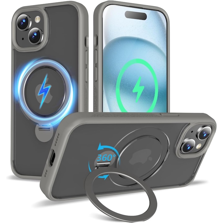 Husa Magnetica pentru iPhone 15, Protectie Militara Antisoc, Suport Rotativ 360° MagSafe, Gri