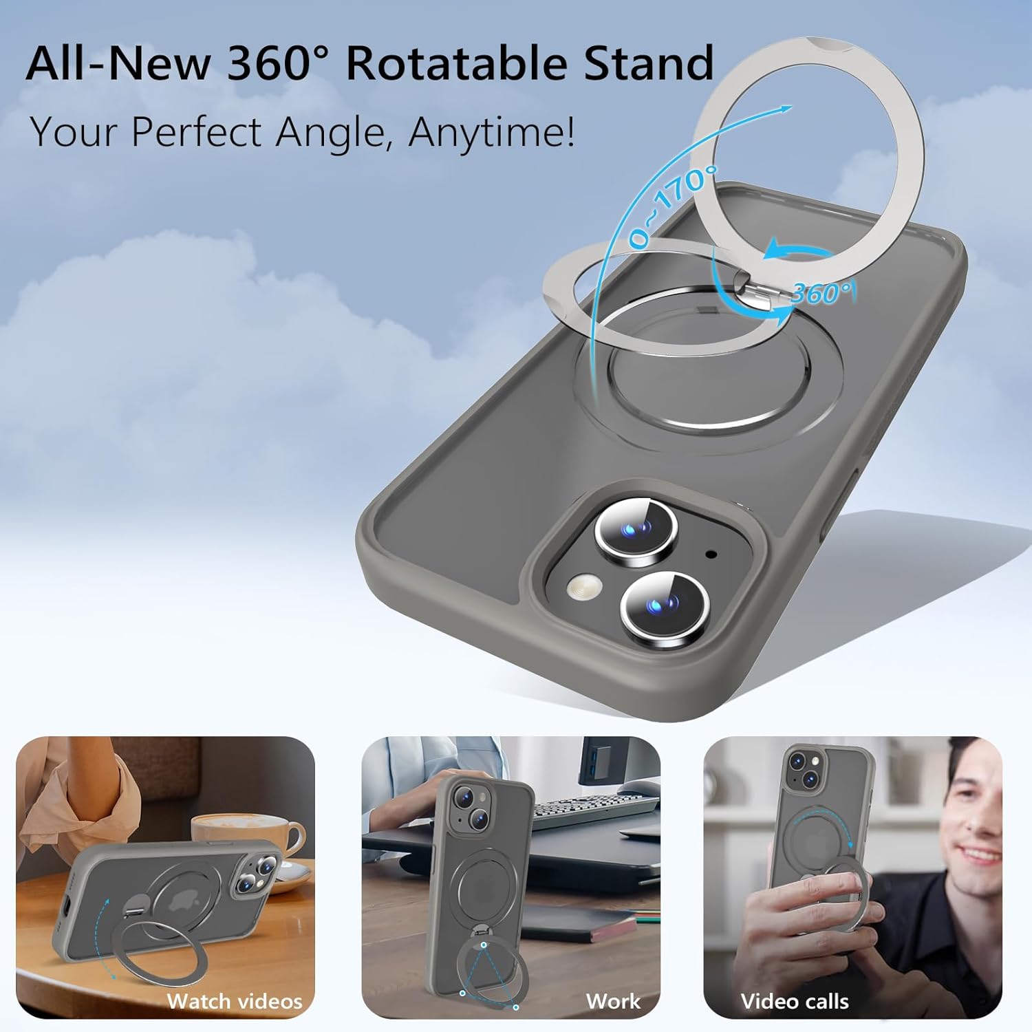 Husa Magnetica pentru iPhone 15, Protectie Militara Antisoc, Suport Rotativ 360° MagSafe, Gri