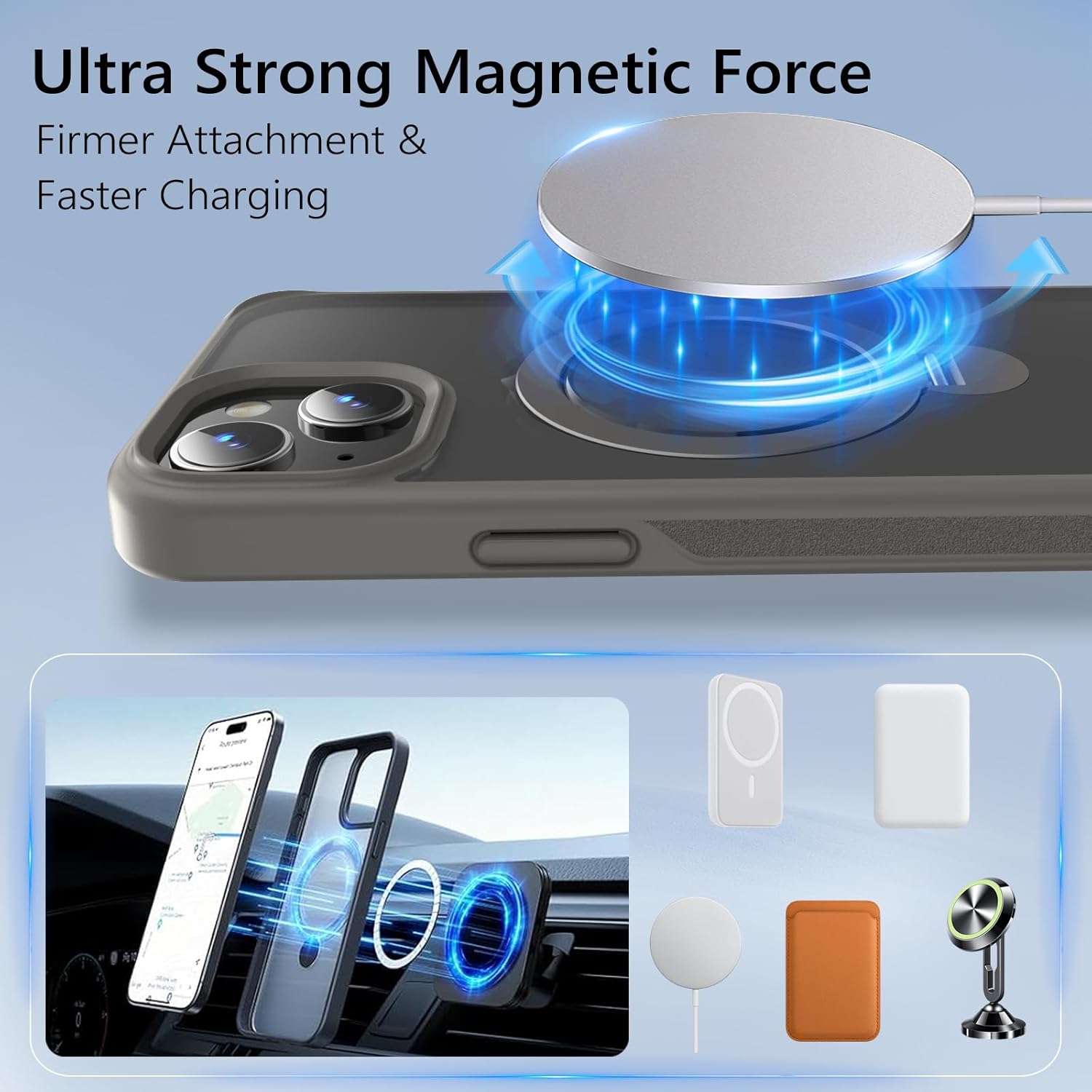 Husa Magnetica pentru iPhone 15, Protectie Militara Antisoc, Suport Rotativ 360° MagSafe, Gri