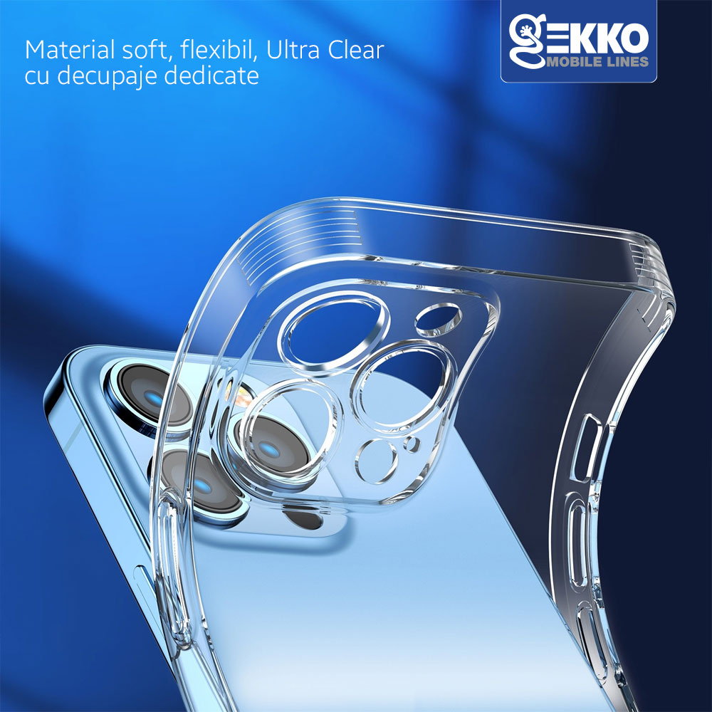Husa pentru iPhone 14 Pro Max - Clear, Ultrasubtire, din silicon gel, cu decupaje la camere, 0.3mm, Gekko, Transparenta Transparent Bumper