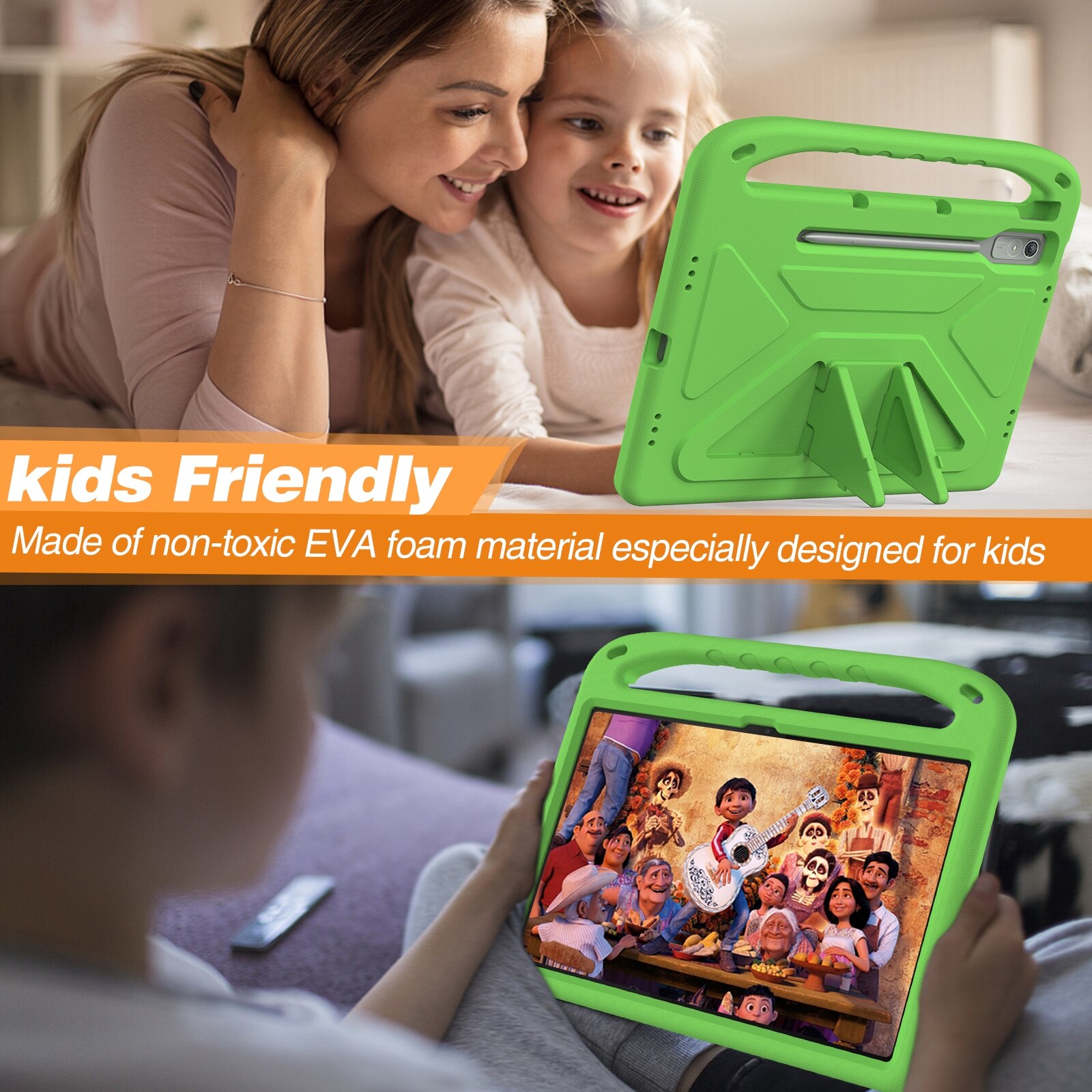 Husa tableta pentru Lenovo Tab P12 12.7, material EVA, cu manere, rezistenta la socuri, verde