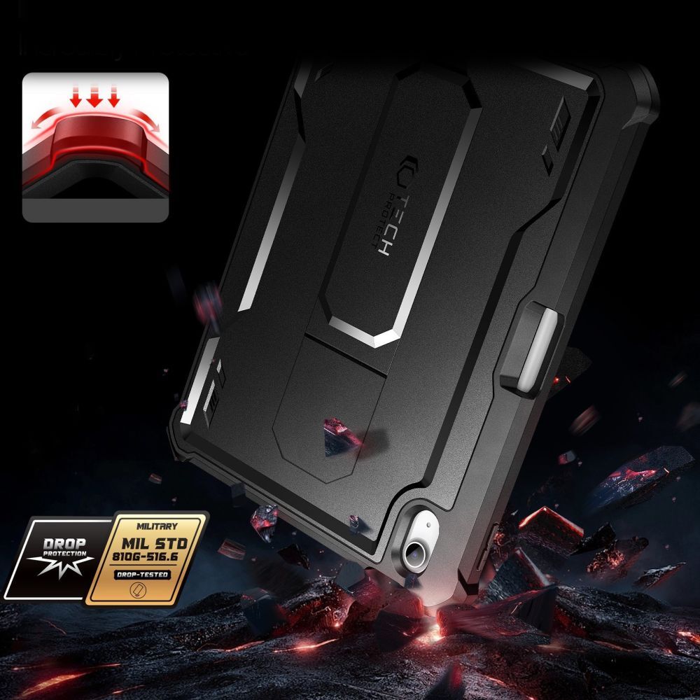 Husă tabletă compatibilă cu iPad 2025 11 inch (iPad 11) - Tech-Protect Kevlar Pro - față transparentă + spate din plexiglas negru, husă rotativă la 360°, cu suport, cu suport pentru creion