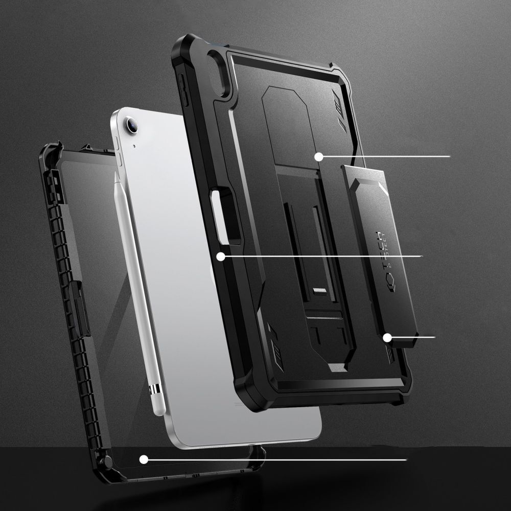 Husă tabletă compatibilă cu iPad 2025 11 inch (iPad 11) - Tech-Protect Kevlar Pro - față transparentă + spate din plexiglas negru, husă rotativă la 360°, cu suport, cu suport pentru creion