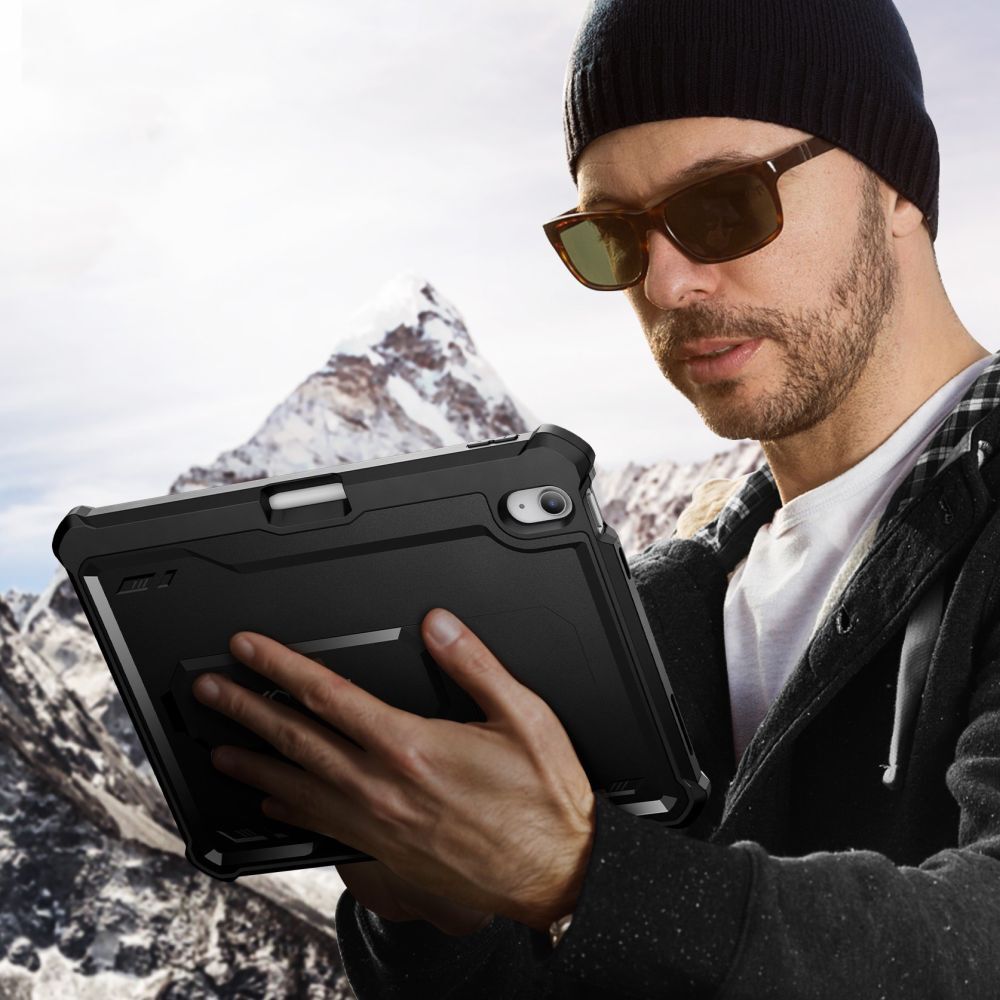 Husă tabletă compatibilă cu iPad 2025 11 inch (iPad 11) - Tech-Protect Kevlar Pro - față transparentă + spate din plexiglas negru, husă rotativă la 360°, cu suport, cu suport pentru creion