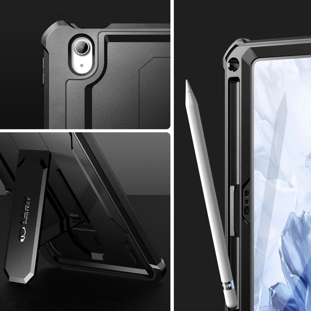 Husă tabletă compatibilă cu iPad 2025 11 inch (iPad 11) - Tech-Protect Kevlar Pro - față transparentă + spate din plexiglas negru, husă rotativă la 360°, cu suport, cu suport pentru creion