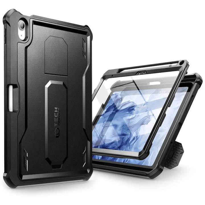 Husă tabletă compatibilă cu iPad 2025 11 inch (iPad 11) - Tech-Protect Kevlar Pro - față transparentă + spate din plexiglas negru, husă rotativă la 360°, cu suport, cu suport pentru creion