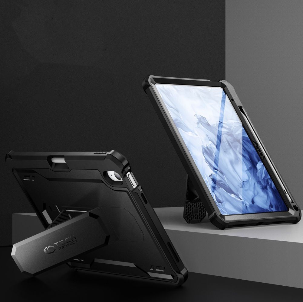 Husă tabletă compatibilă cu iPad 2025 11 inch (iPad 11) - Tech-Protect Kevlar Pro - față transparentă + spate din plexiglas negru, husă rotativă la 360°, cu suport, cu suport pentru creion
