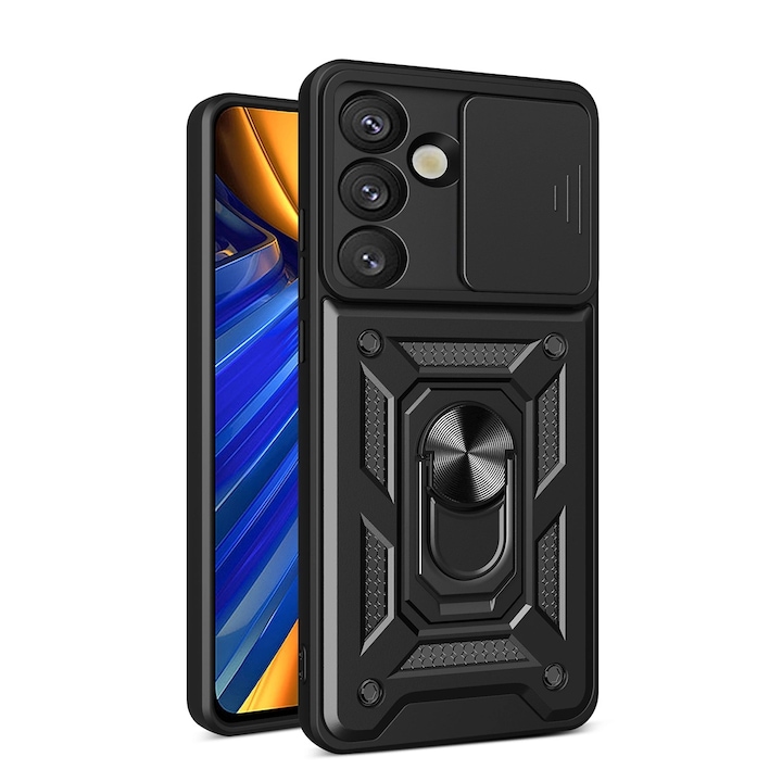 Carcasa Hybrid Armor Camshield cu suport si capac pentru camera, compatibila cu Oppo F29 5G / A5 5G, Negru