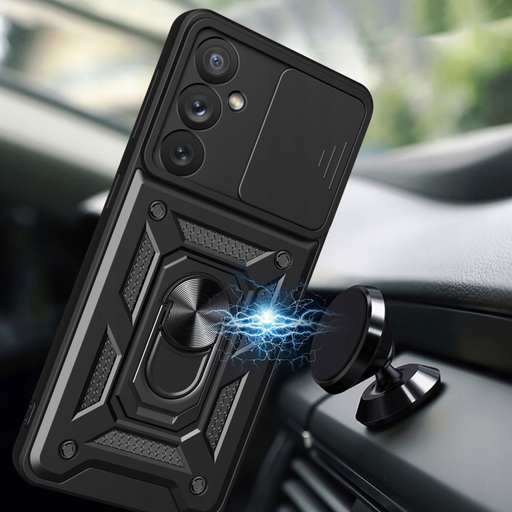 Husa telefon Mat-Tech compatibila cu Samsung Galaxy A35 5G, Protectie Camera Slide and Snap Soft Premium, Magnetic Ring Holder, PopGrip, Anti-Shock, Rugged Protection, Negru