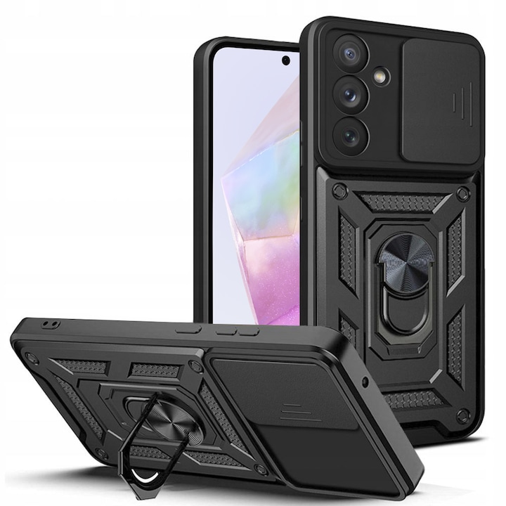 Husa telefon Mat-Tech compatibila cu Samsung Galaxy A35 5G, Protectie Camera Slide and Snap Soft Premium, Magnetic Ring Holder, PopGrip, Anti-Shock, Rugged Protection, Negru