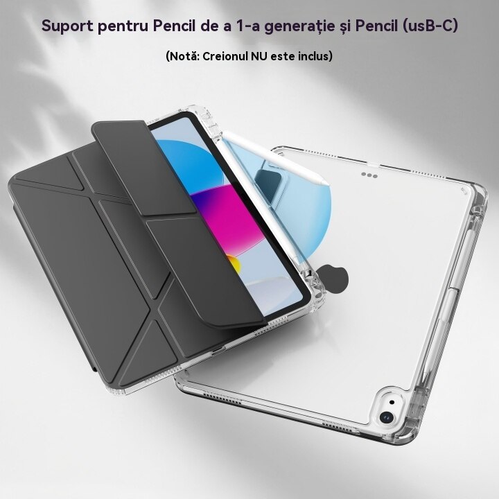 Husa de protectie pentru tableta iPad Air 6 (2024, 11"), pliere 3+Y, suport portret si peisaj, rama transparenta, cu suport pentru creion, Ugo®, neagra