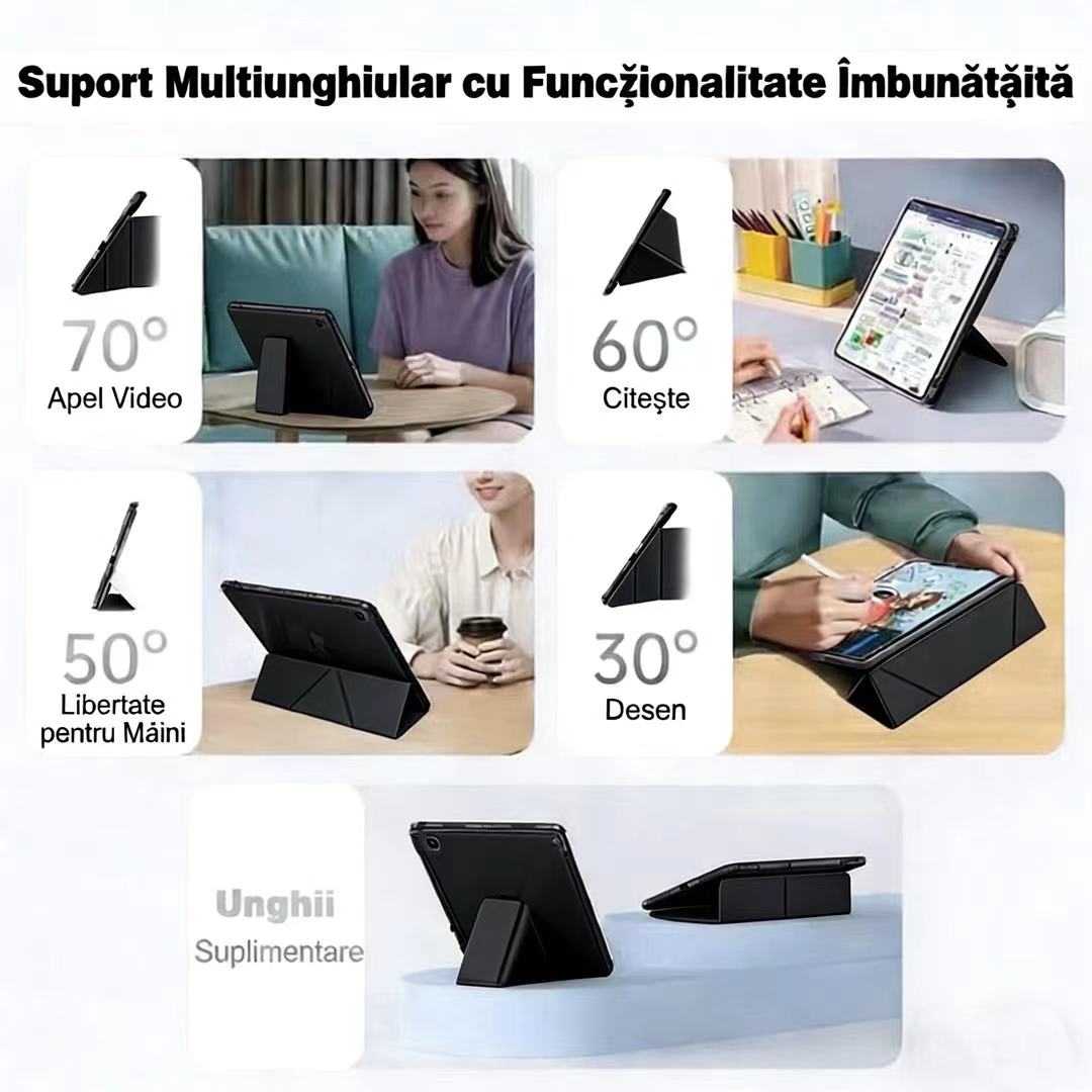 Husa de protectie pentru tableta iPad Air 6 (2024, 11"), pliere 3+Y, suport portret si peisaj, rama transparenta, cu suport pentru creion, Ugo®, neagra
