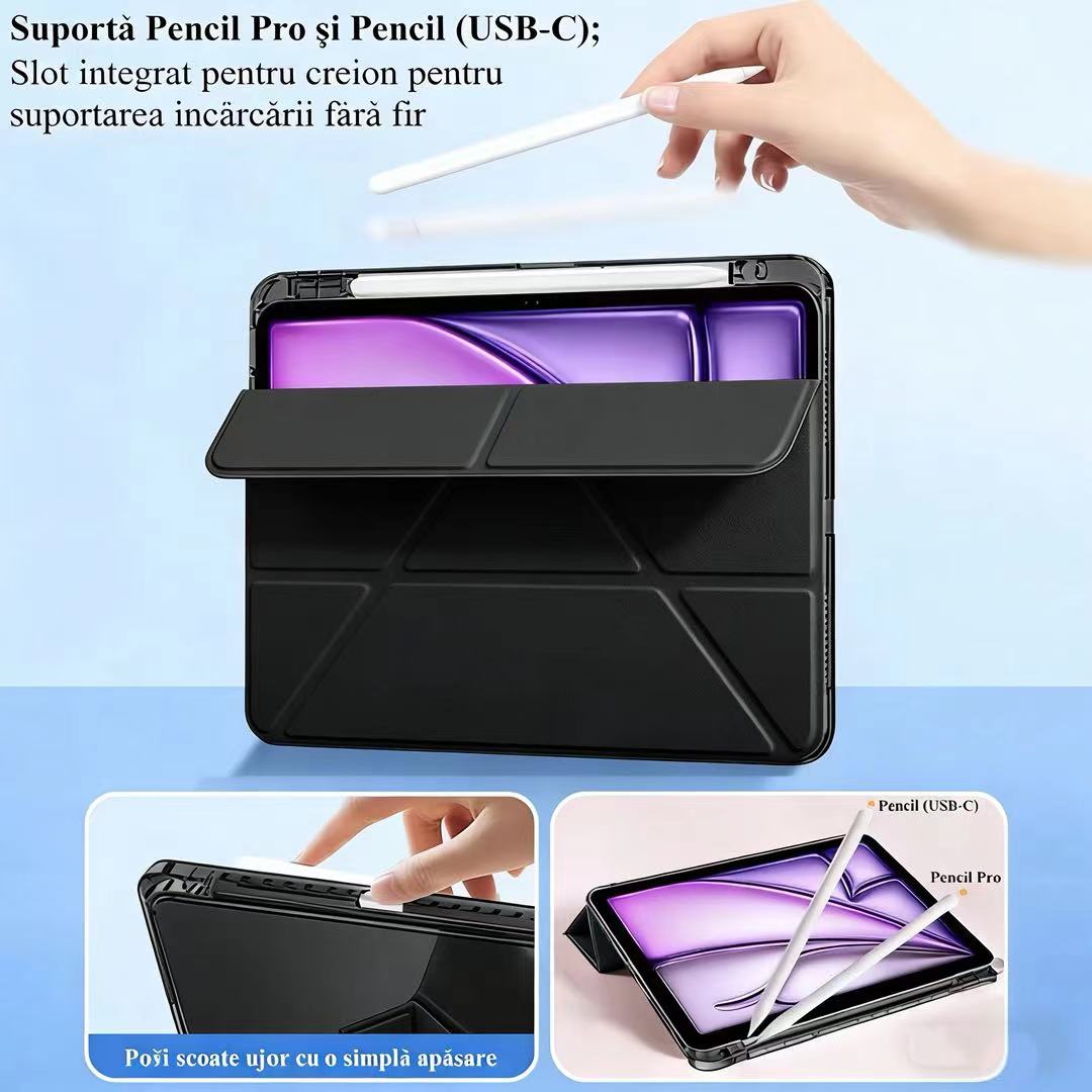 Husa de protectie pentru tableta iPad Air 6 (2024, 11"), pliere 3+Y, suport portret si peisaj, rama transparenta, cu suport pentru creion, Ugo®, neagra